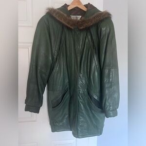 Beautiful green Marvin Richards leather coat with rabbit trim hood